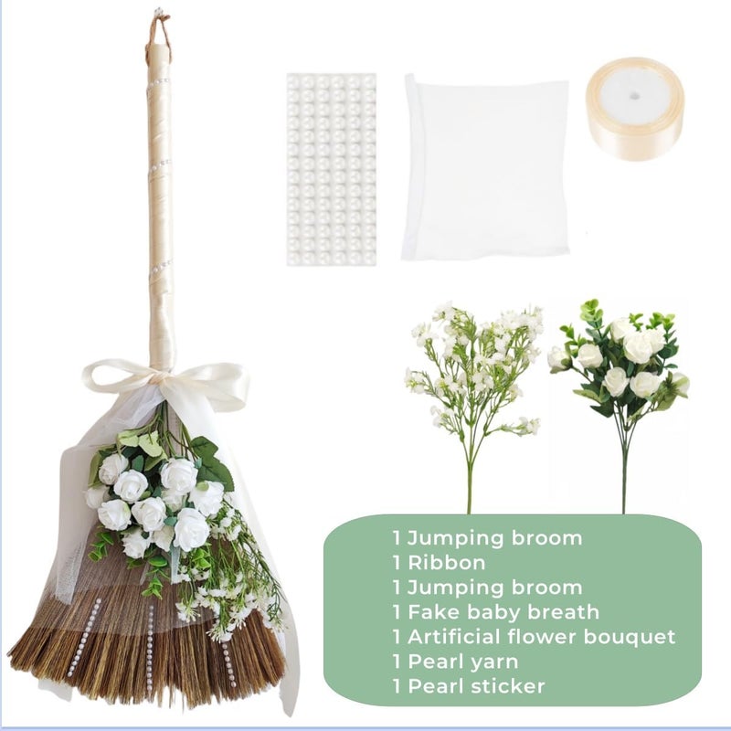 SIMER Wedding Broom for Jumping Ceremony, African American Decorative Broomstick DIY Wedding Decor, with White Roses & Babys Breath - Image 1
